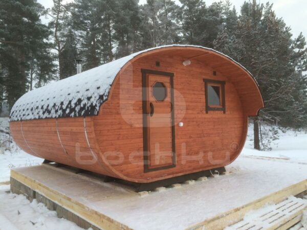 Oval 4x4.5 meters(13' 1 1/2" x 14' 9")Outdoor Barrel Sauna